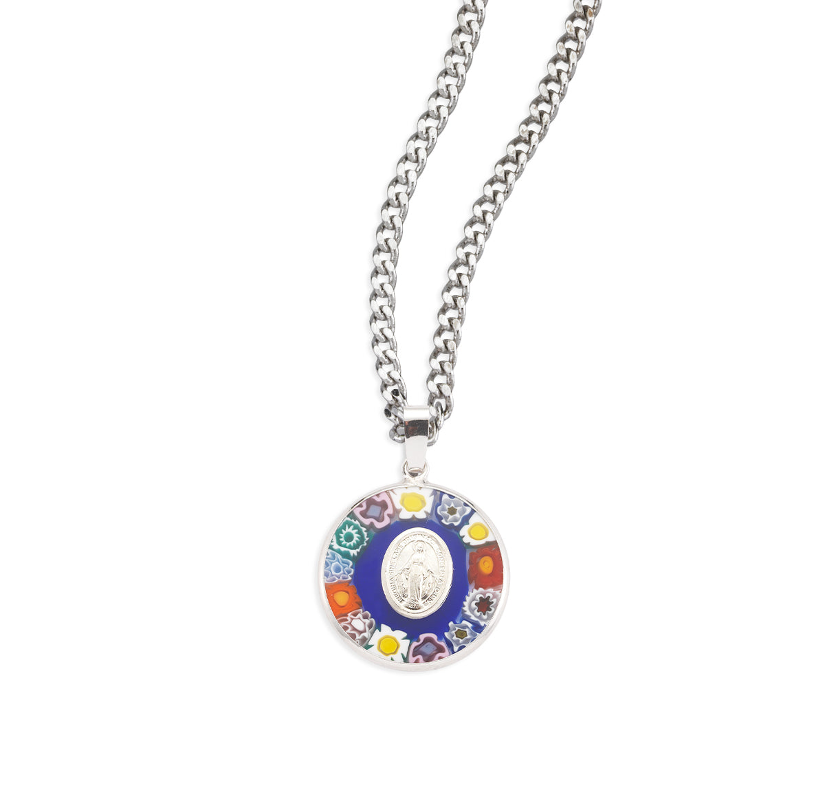Sterling Silver Miraculous Medal set in Venetion Glass Circle Setting colorful