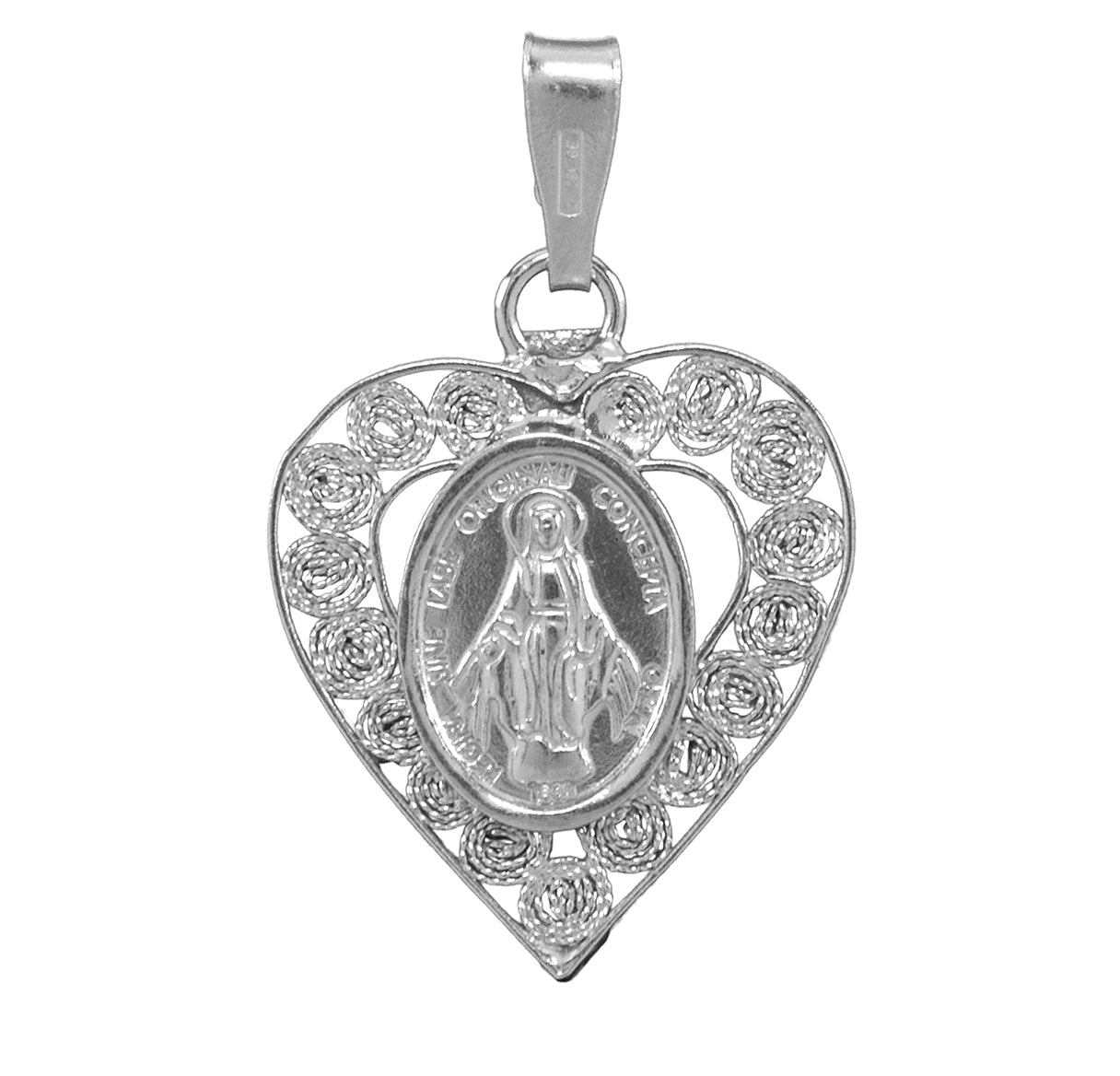 Sterling Silver Large Miraculous Medal In Filigree Heart From Italy