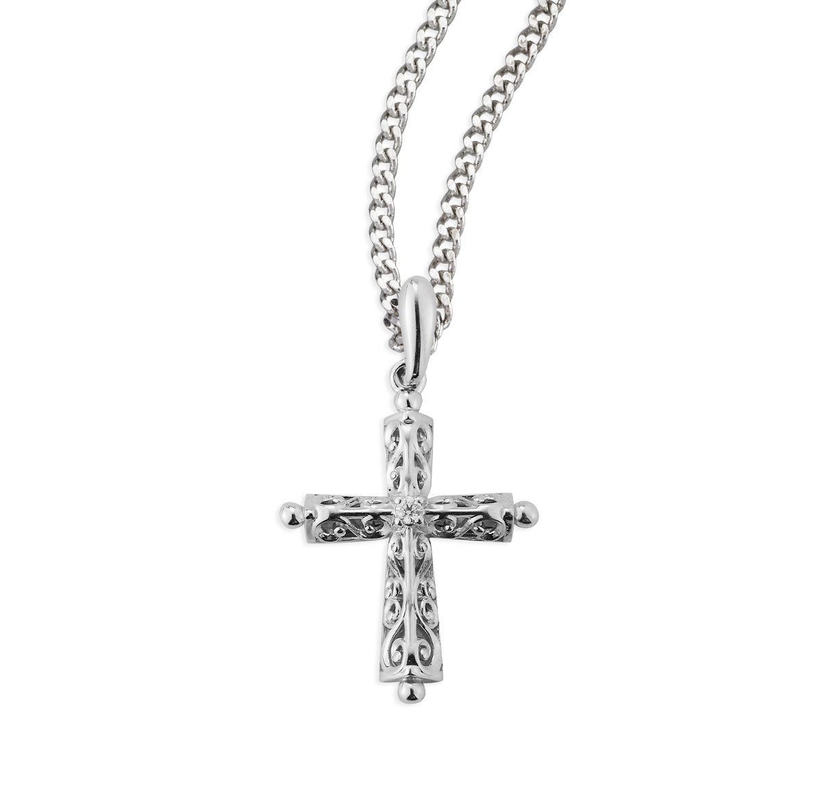 Sterling Silver Filigree Angled Cross with Ball Tips crystal center