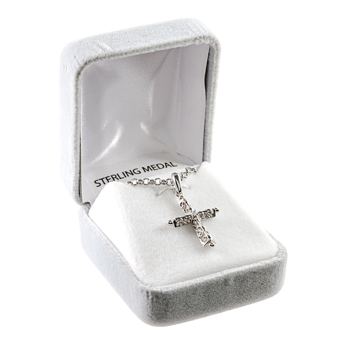Sterling Silver Filigree Angled Cross with Ball Tips crystal center
