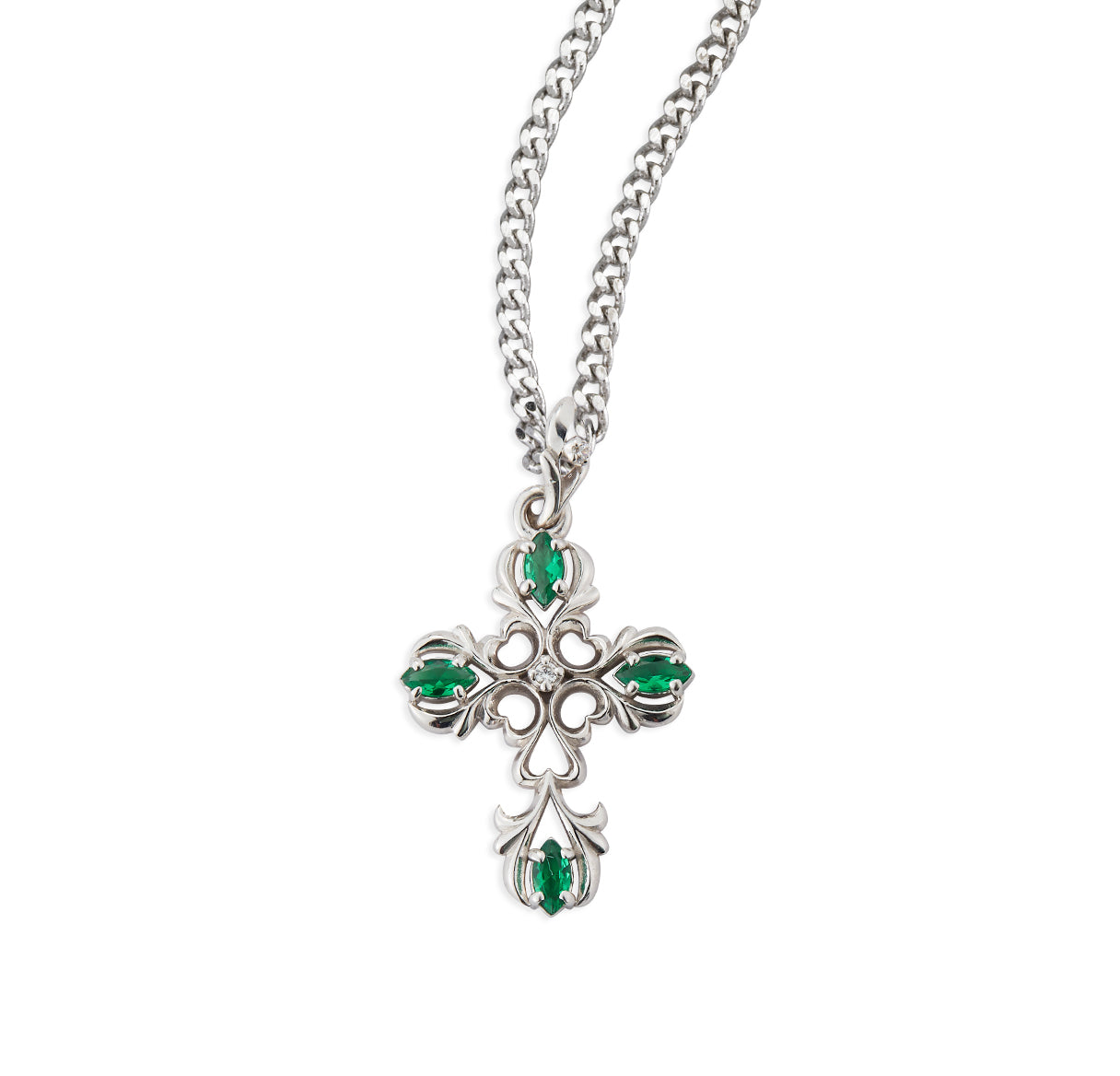 Sterling Silver Open Vine Style Cross with Four Emerald CZ Settings