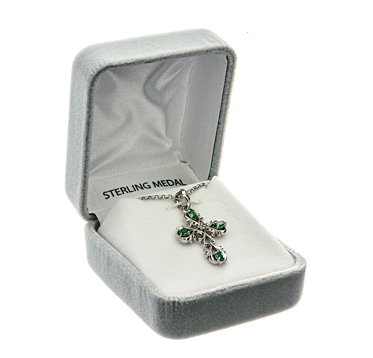 Sterling Silver Open Vine Style Cross with Four Emerald CZ Settings