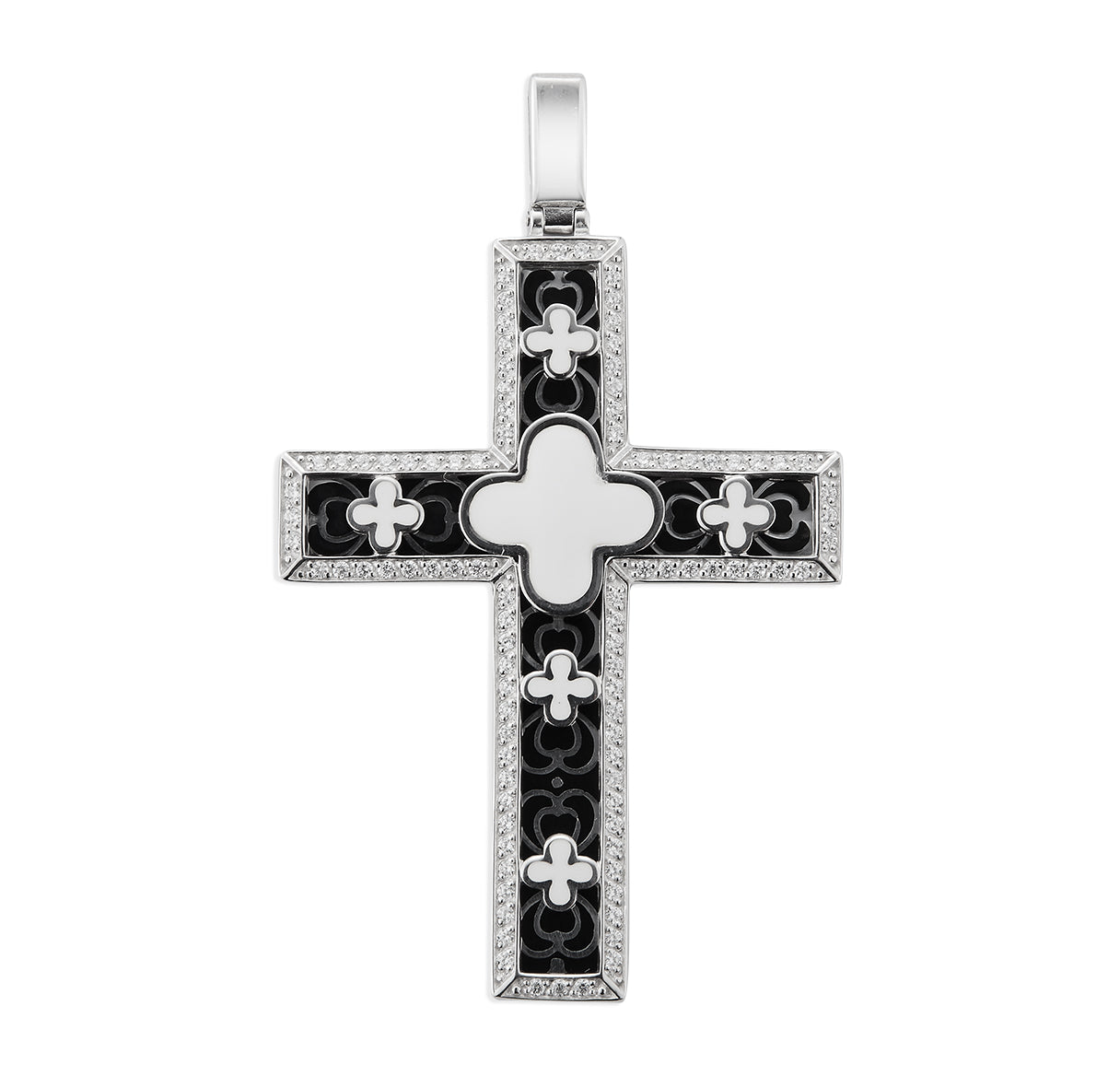 Sterling Silver Latin Style Cross with White Enamel Clover Crosses set in Black Enamel