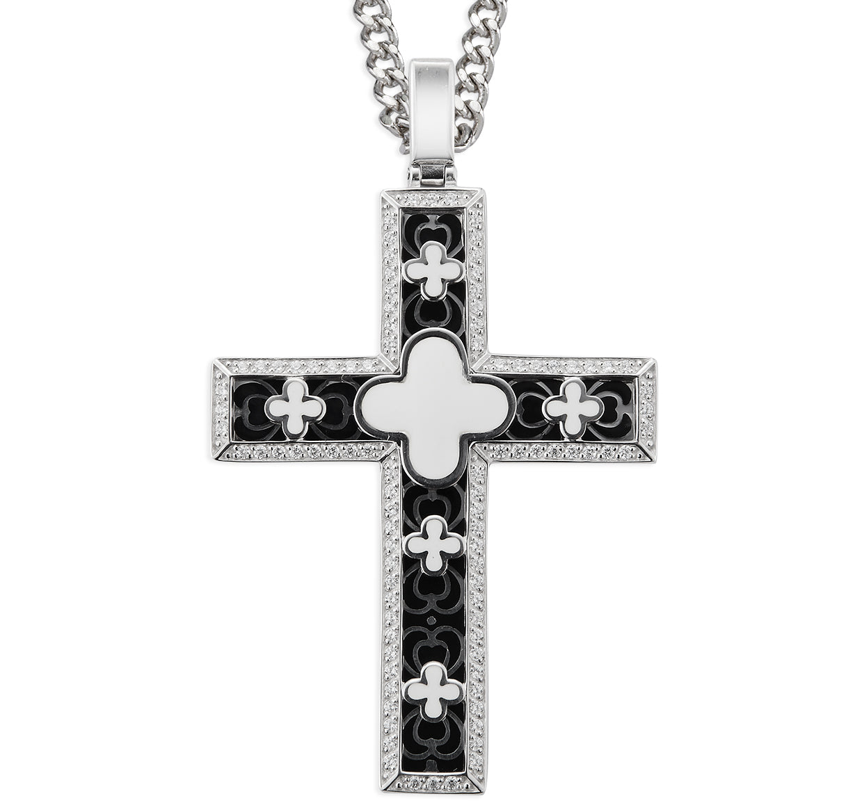 Sterling Silver Latin Style Cross with White Enamel Clover Crosses set in Black Enamel