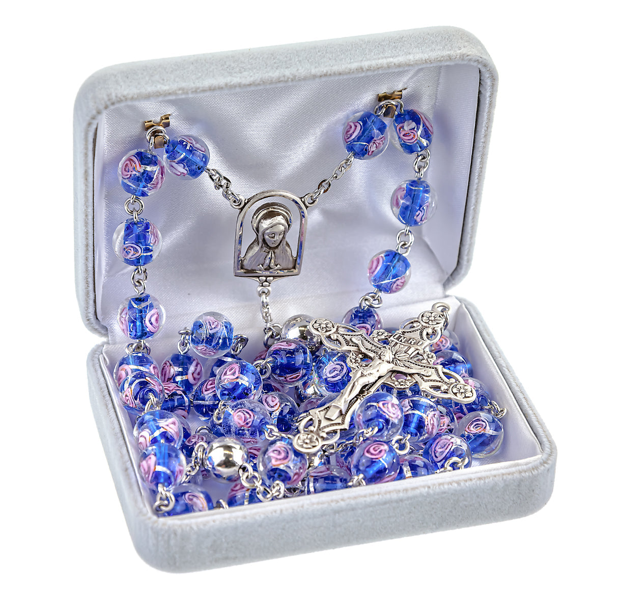 Sterling Silver Rosary Handmade with Pink Rose Bud Embedded Blue Glass Bead 10mm and Sterling Silver Elaborate Crucifix with scrolled design and flowered tips and halo