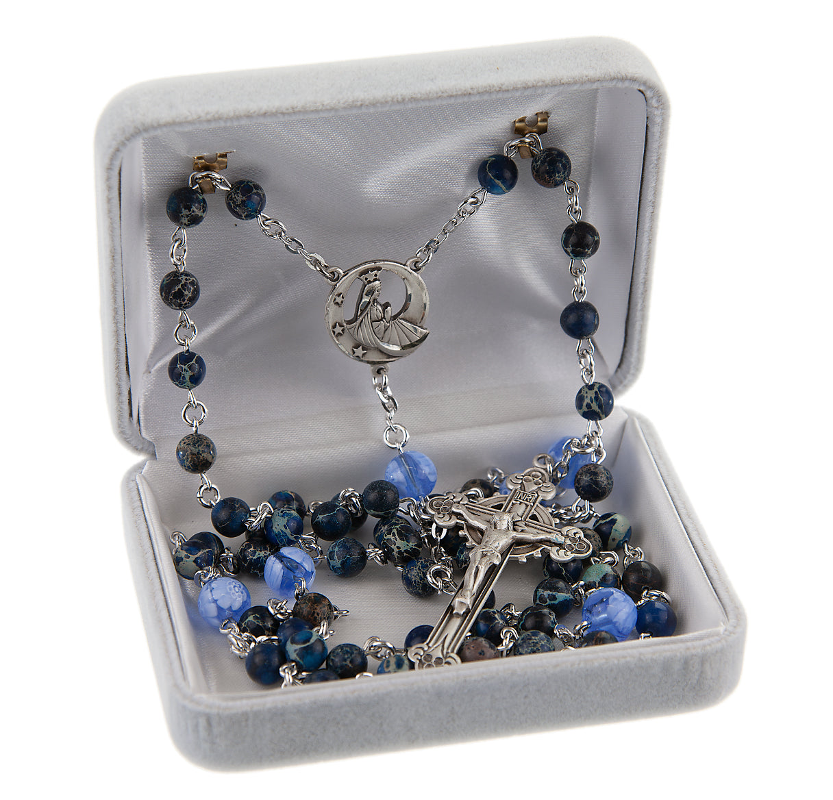 Sterling Silver Rosary Handmade with Genuine Blue Jasper Semi Precious Stones 6mm and 8mm Blue Flower O.F. Bead with Sterling Silver Halo Crucifix with Budded Tips and beaded halo