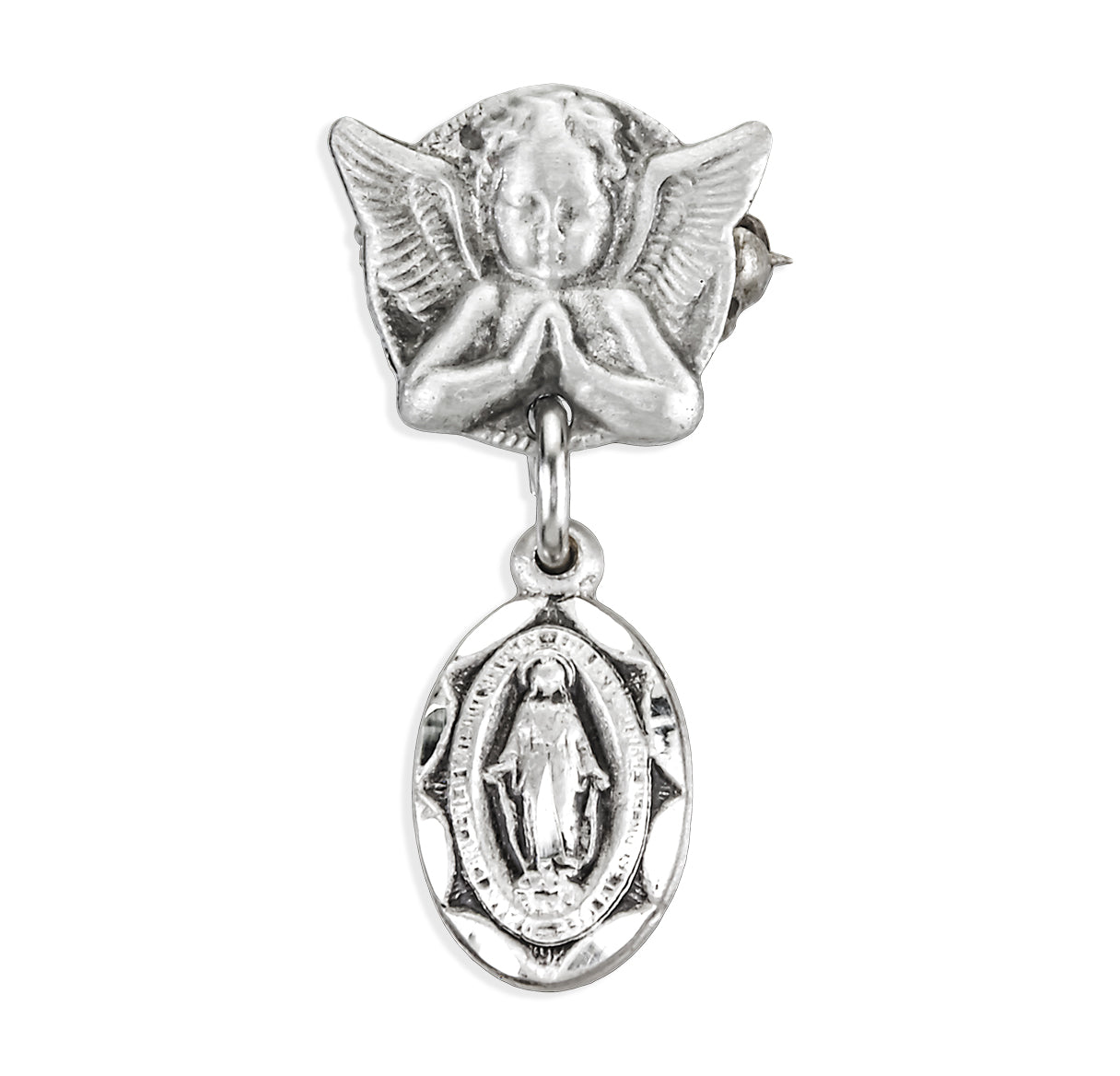 Sterling Silver Oval Scallop Edged Miraculous Baby Medal on an Angel Pin