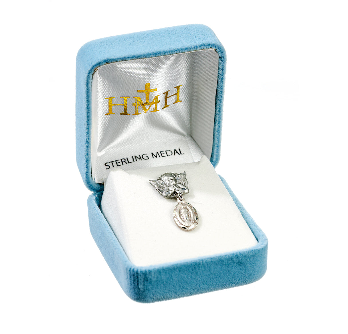 Sterling Silver Oval Scallop Edged Miraculous Baby Medal on an Angel Pin