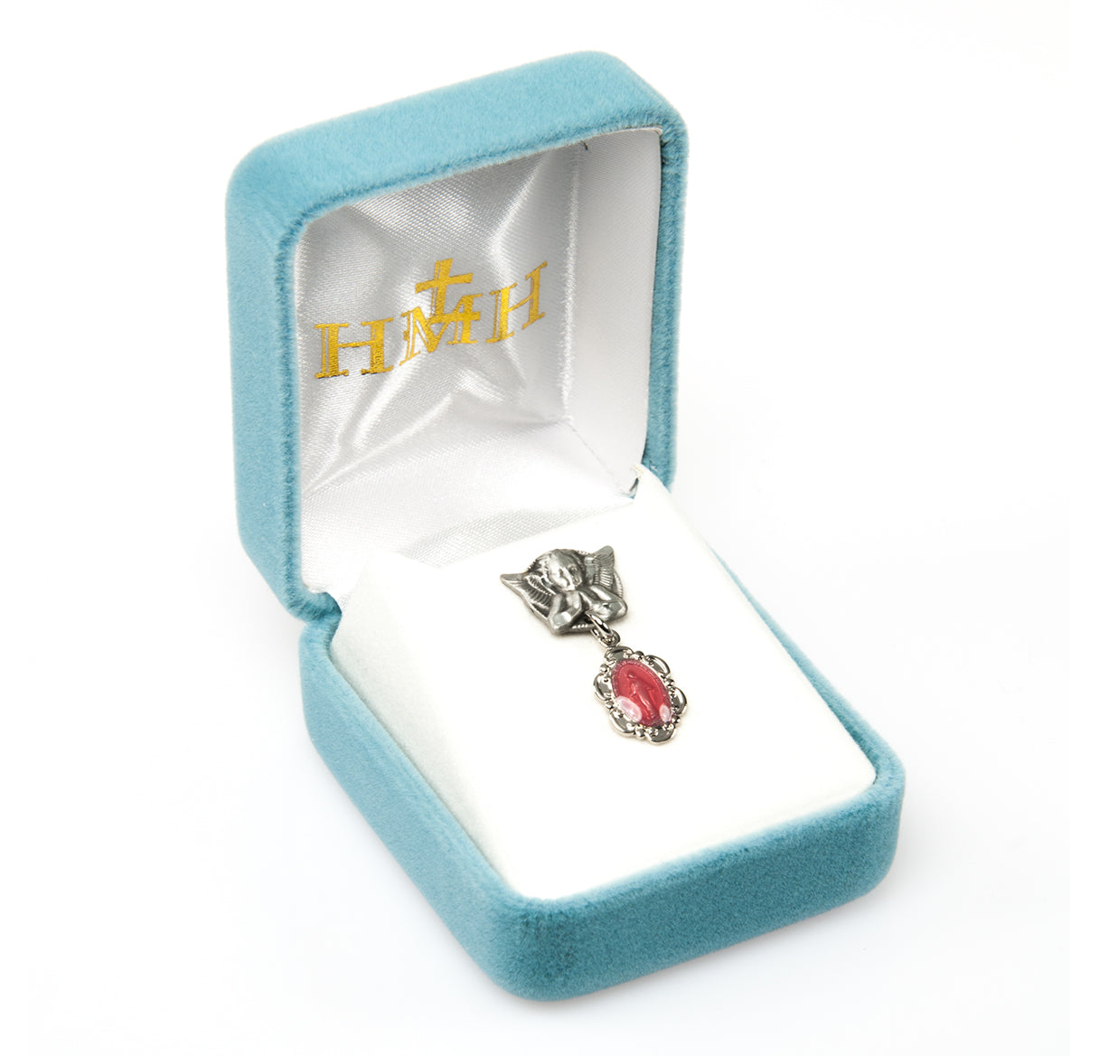 Pink Enameled Miraculous Baby Medal on an Angel Pin