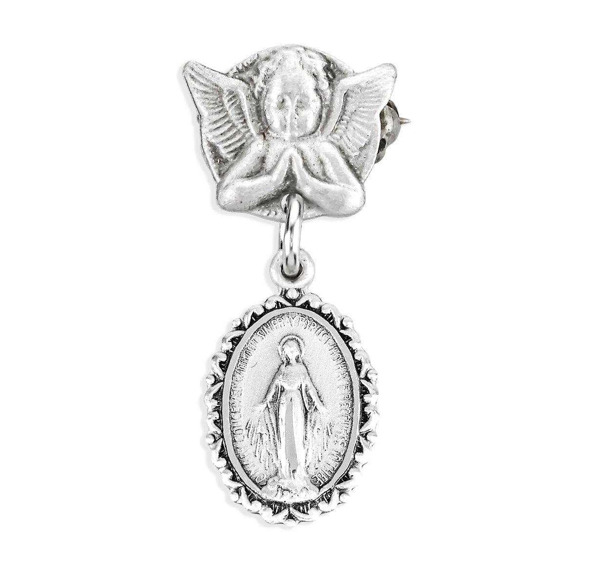 Sterling Silver Oval Fancy Edge Miraculous Baby Medal on an Angel Pin