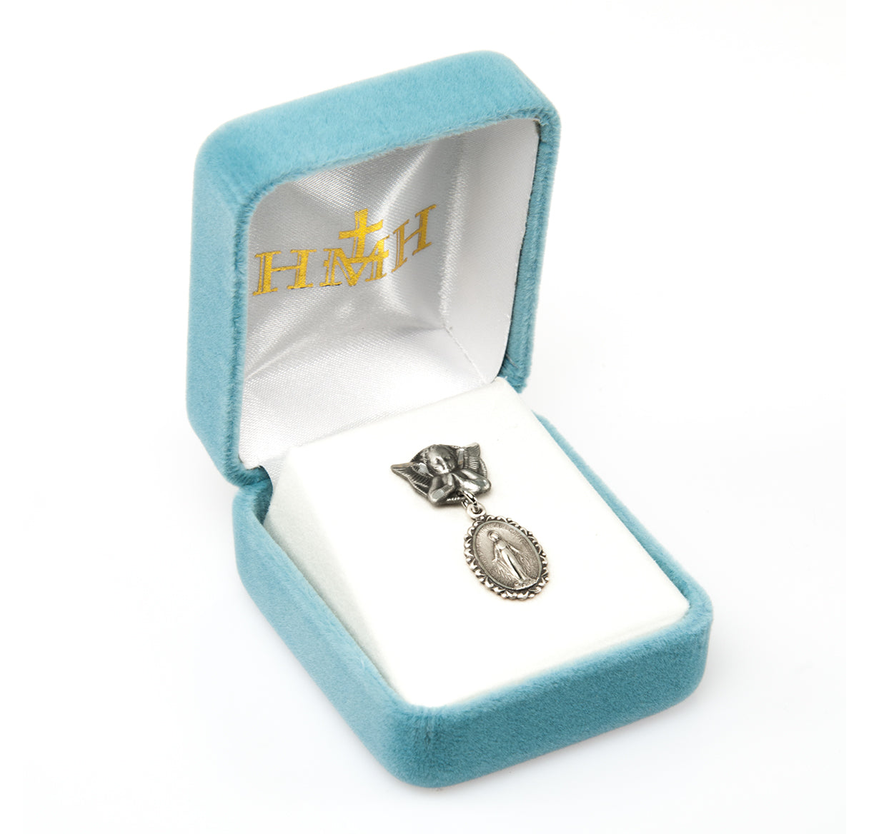 Sterling Silver Oval Fancy Edge Miraculous Baby Medal on an Angel Pin