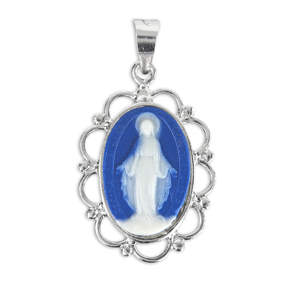 Dark Blue Sterling Silver Cameo Miraculous Medal