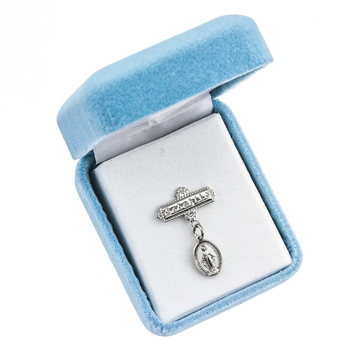 Sterling Silver Baby Miraculous Medal on a Godchild Bar Pin