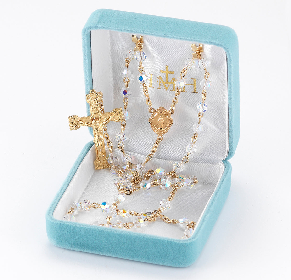 5mm Finest Aurora Crystal Gold Plated Round Beads with Gold Over Sterling Crucifix and Center