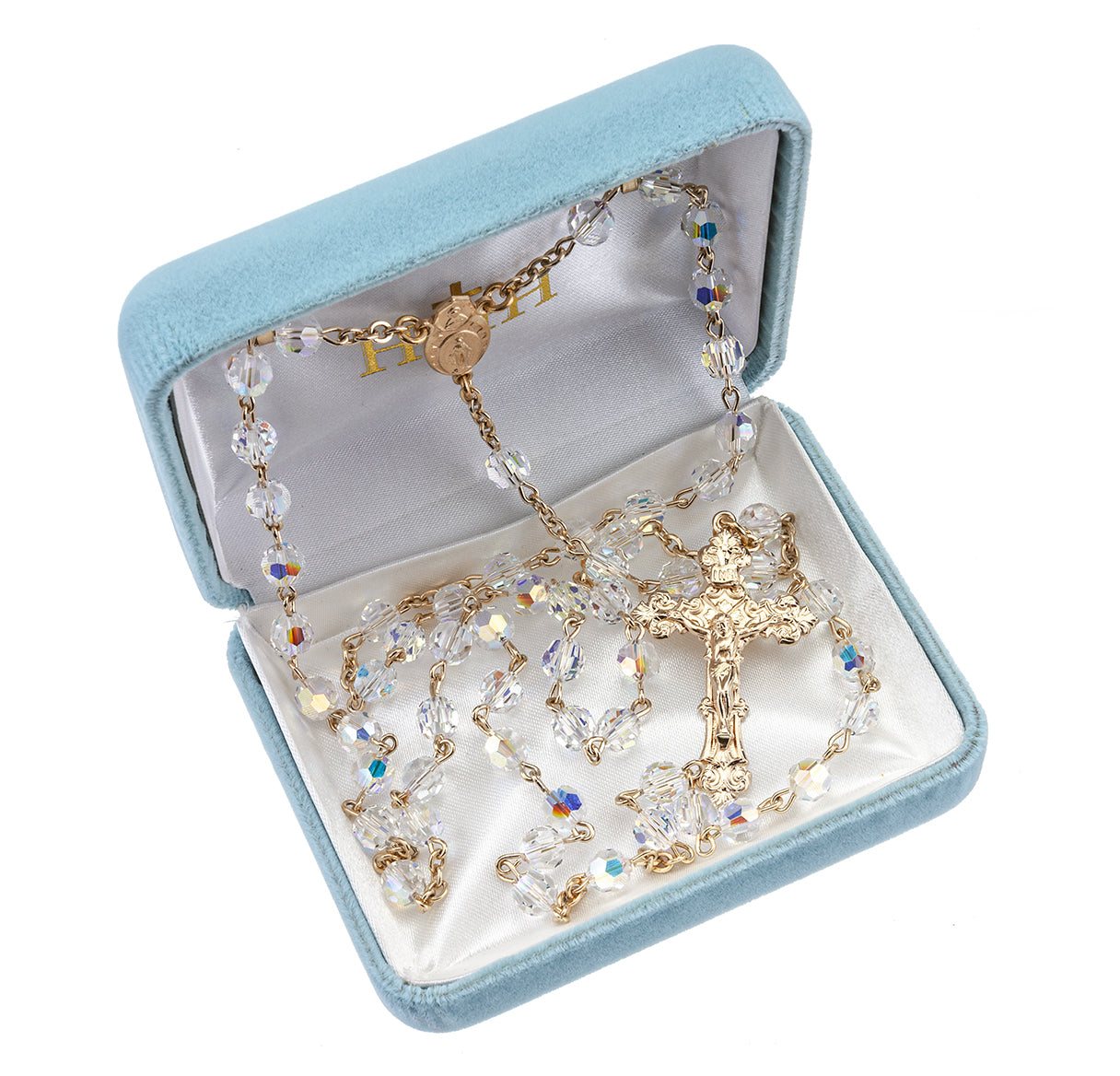 6mm Finest Aurora Crystal Gold Plated Round Beads with Gold Over Sterling Crucifix and Center
