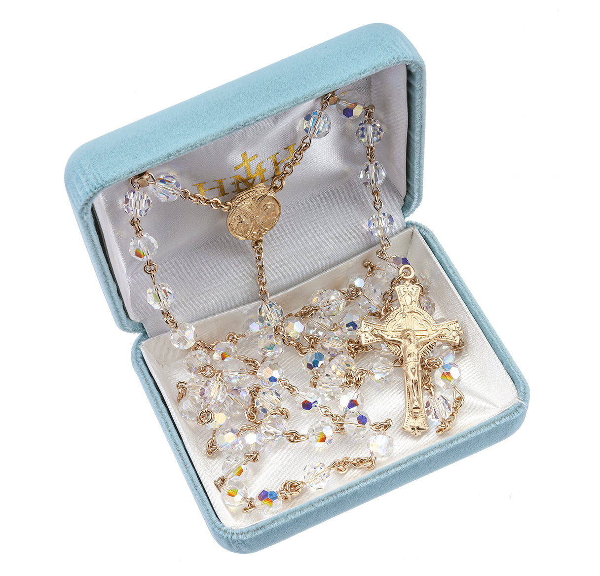7mm Finest Aurora Crystal Gold Plated Round Beads with Gold Over Sterling Crucifix and Center