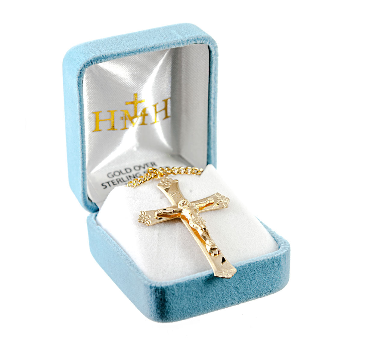 Gold Over Sterling Silver Large Rosary Crucifix with Flower Tips