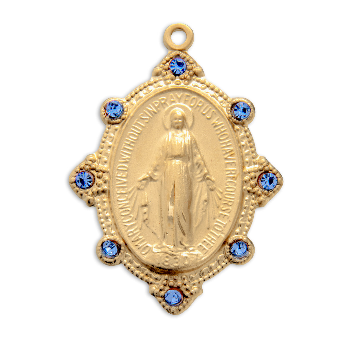 Gold Over Sterling Silver Miraculous Medal Set with Light Sapphire Crystals
