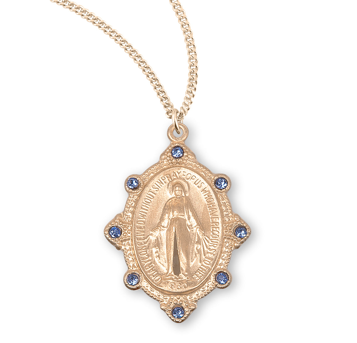 Gold Over Sterling Silver Miraculous Medal Set with Light Sapphire Crystals