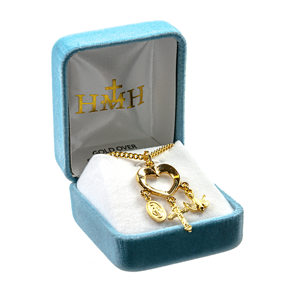 Gold Over Sterling Silver Heart with Miraculous Medal, Crucifix & Holy Spirit Charms