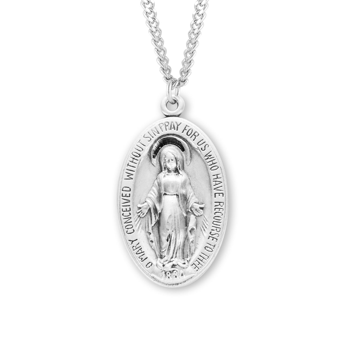 Sterling Silver Oval Sterling Silver Miraculous Medal Pendant with Chain