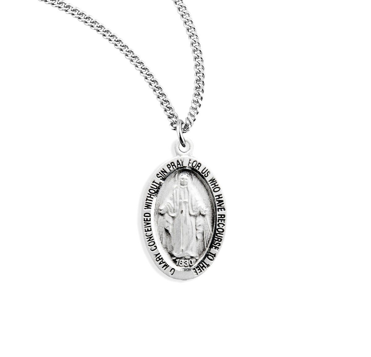 Sterling Silver Oval Miraculous Medal Pendant with Chain