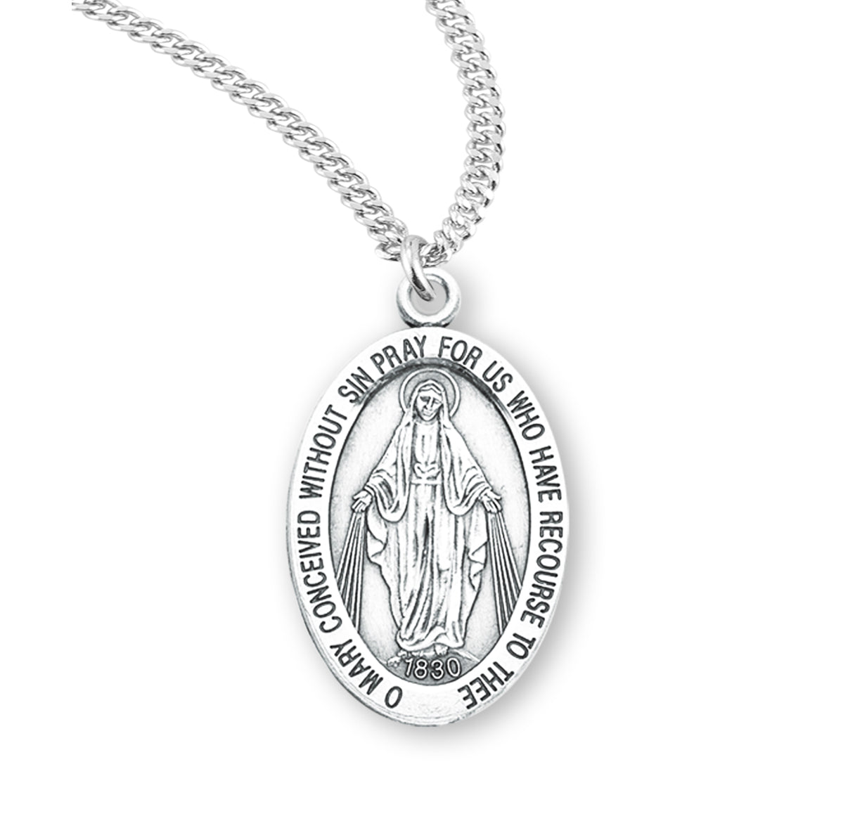 Sterling Silver Oval Miraculous Medal Pendant with Chain