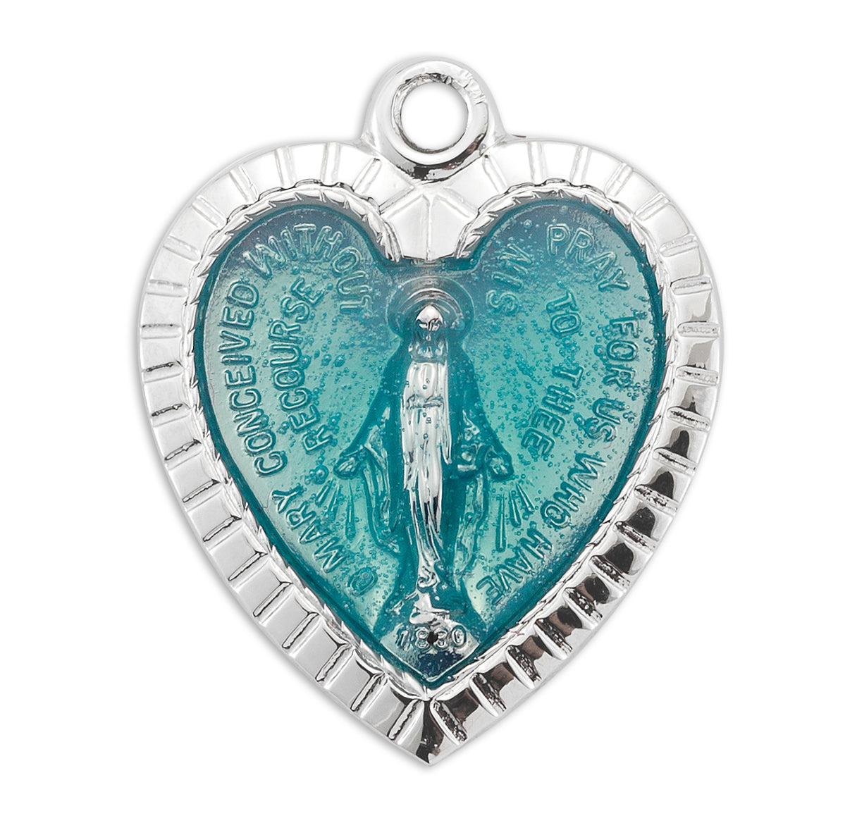 Sterling Silver Enameled Heart Shape Miraculous Medal Pendant with Chain