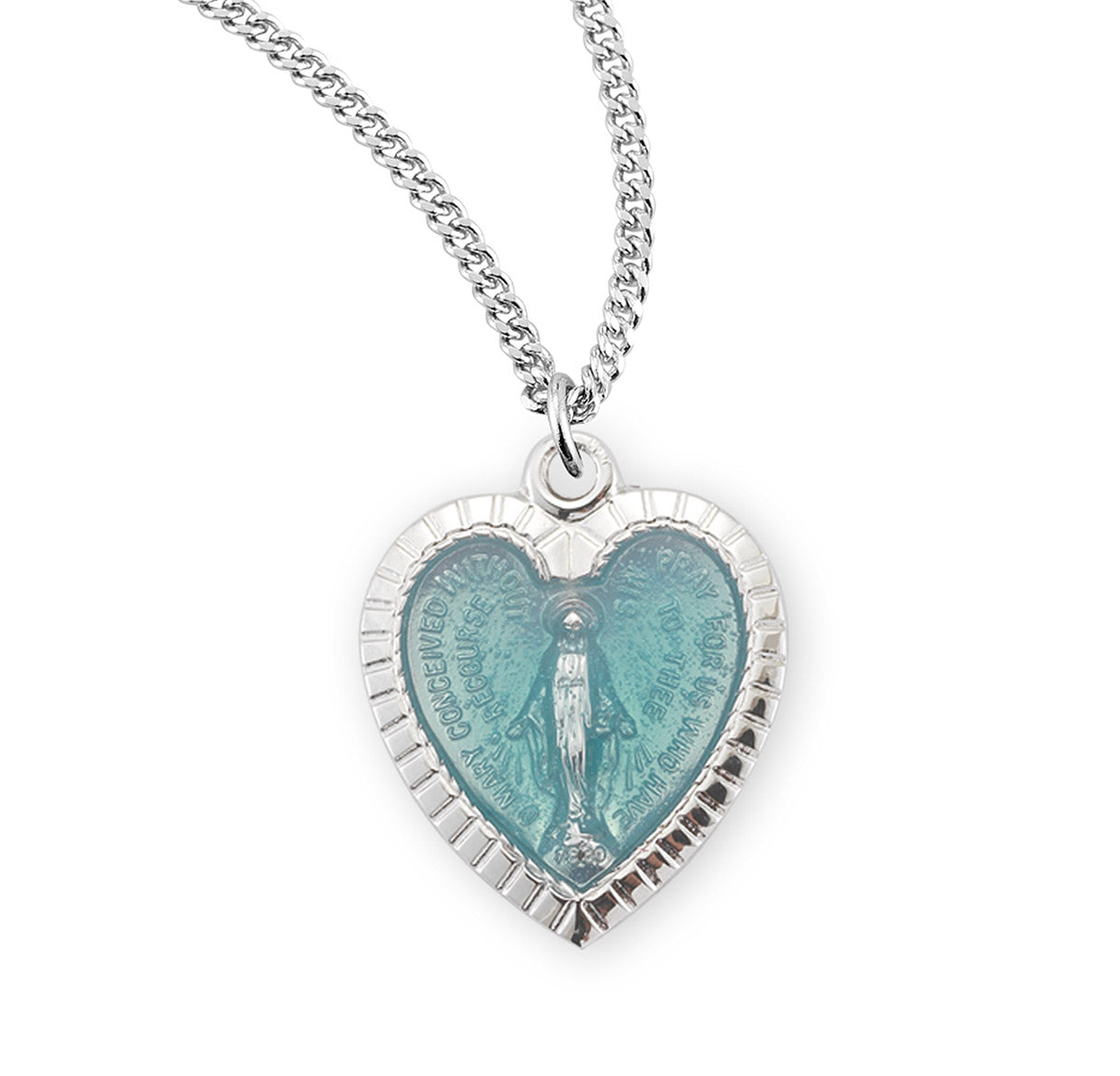 Sterling Silver Enameled Heart Shape Miraculous Medal Pendant with Chain
