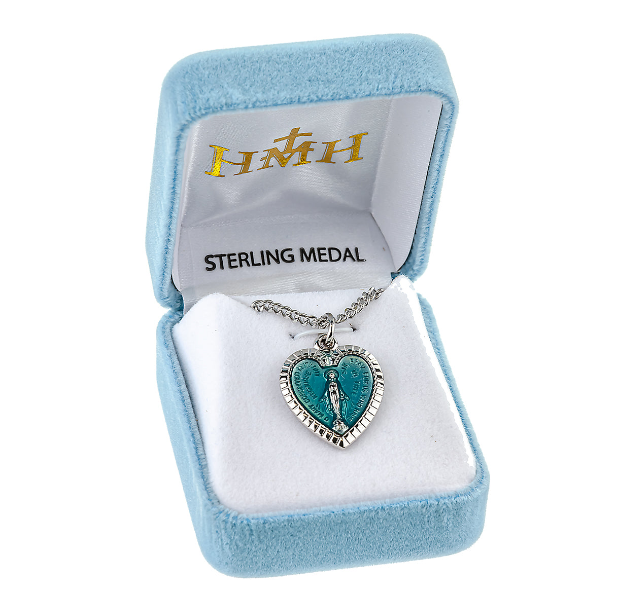 Sterling Silver Enameled Heart Shape Miraculous Medal Pendant with Chain