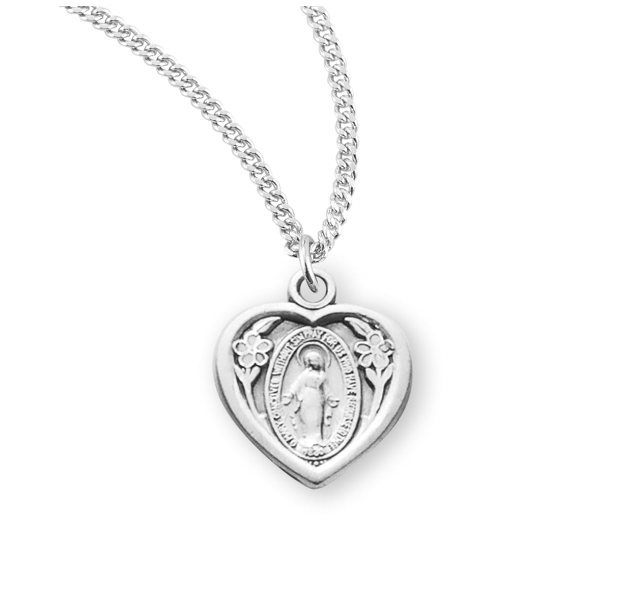 Sterling Silver Heart Shape Miraculous Medal Pendant with Chain