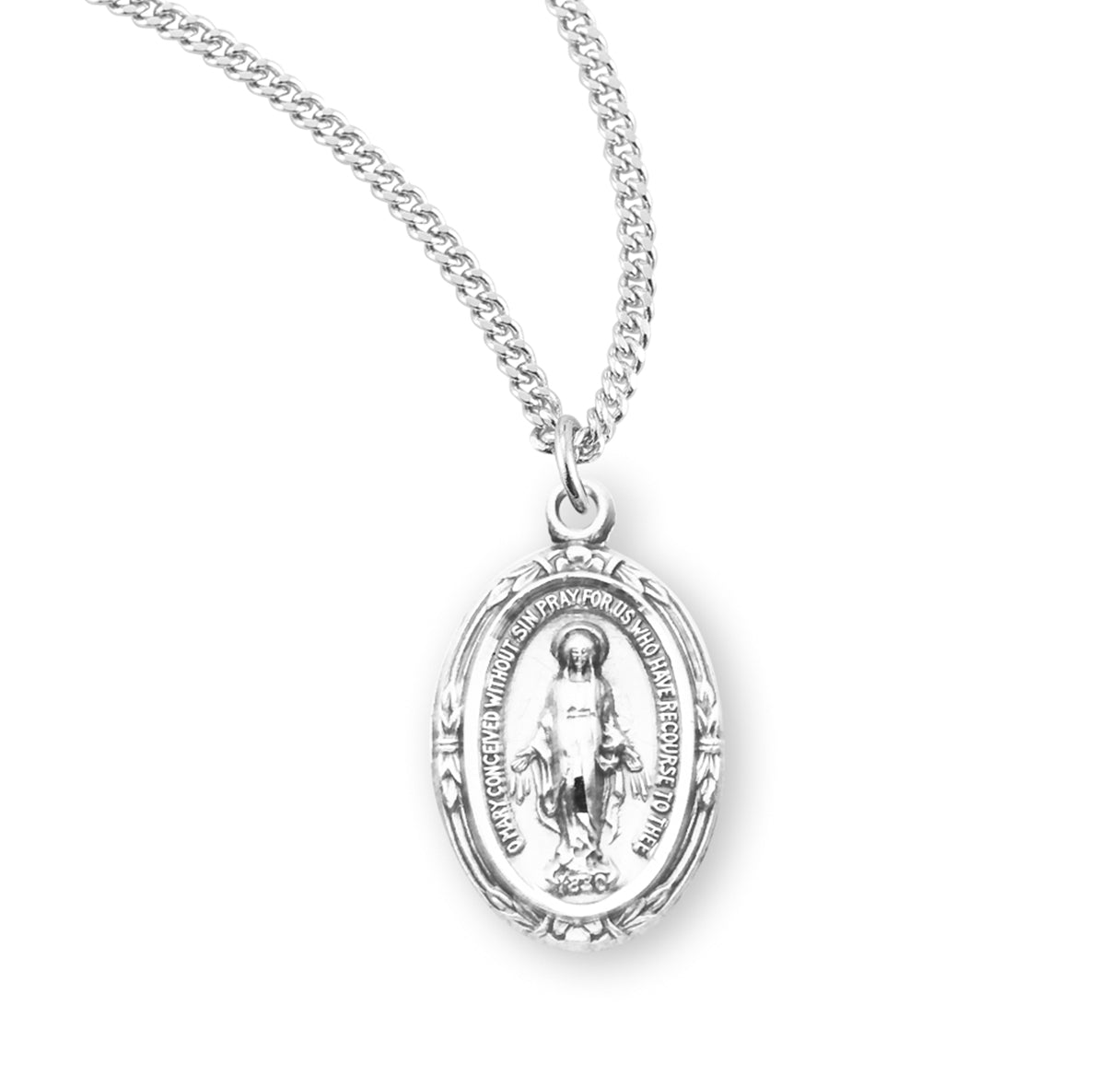 Sterling Silver Oval Miraculous Medal Pendant with Chain