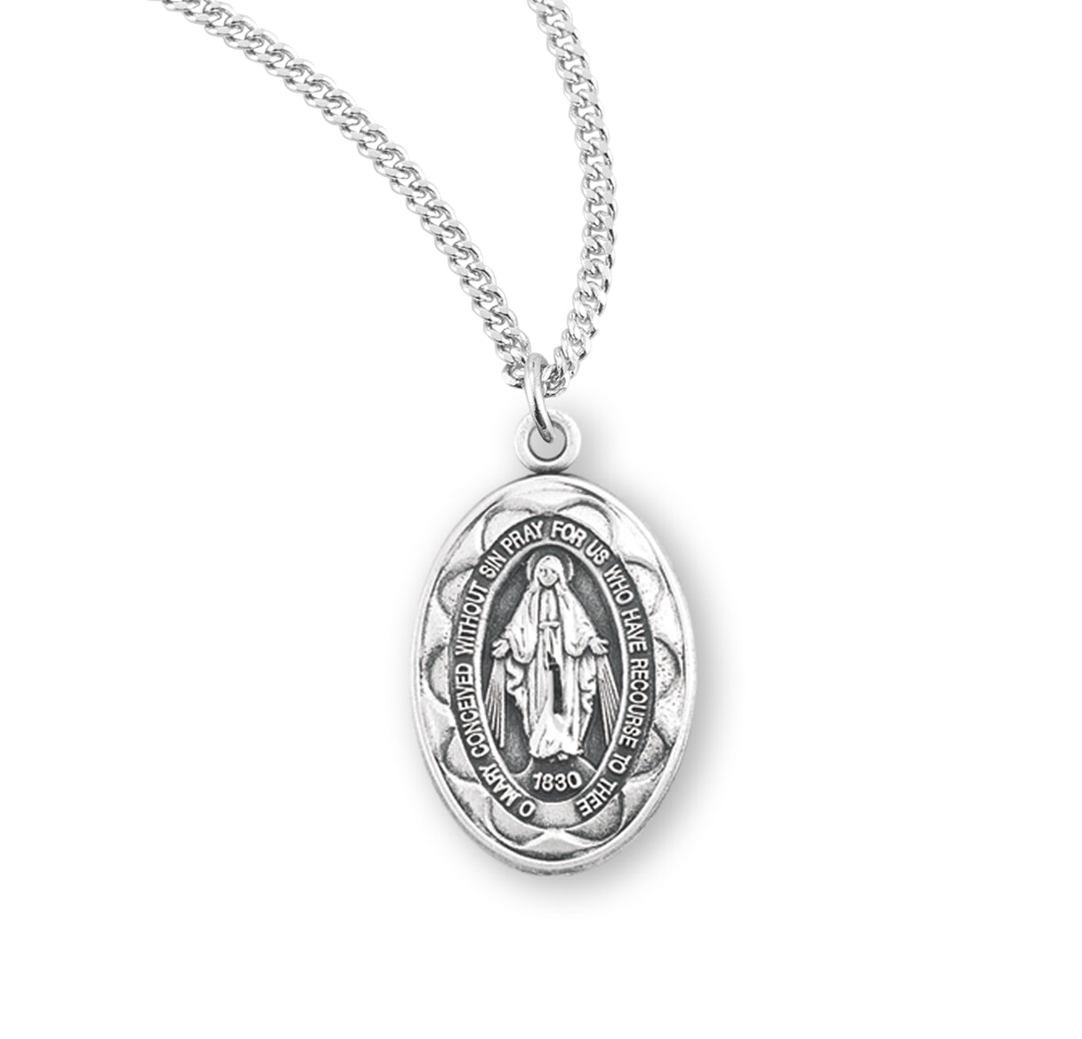 Sterling Silver Oval Miraculous Medal Pendant with Chain