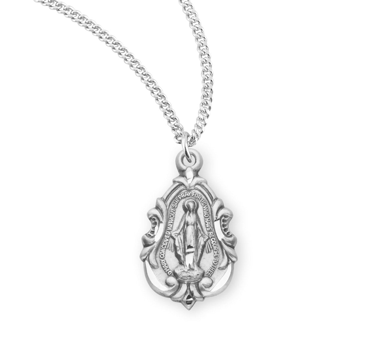 Sterling Silver Fancy Baroque Miraculous Medal Pendant with Chain