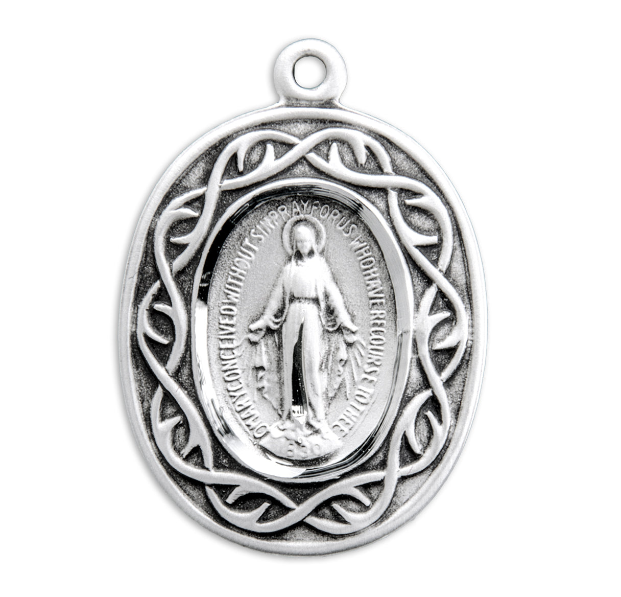 Miraculous Medal Pendant with Chain Oval Sterling Silver "Crown of Thorns" Medal Pendant with Chain