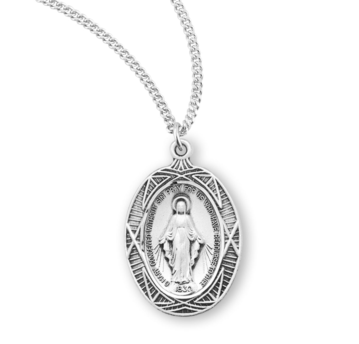 Sterling Silver Oval Miraculous Medal Pendant with Chain