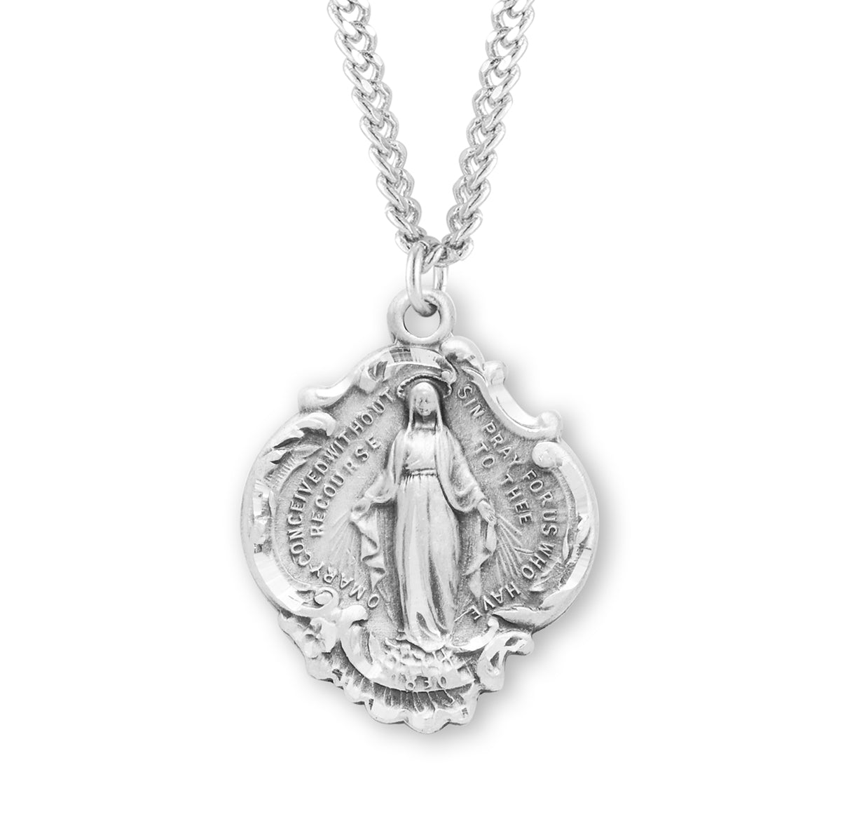 Sterling Silver Baroque Style Miraculous Medal Pendant with Chain