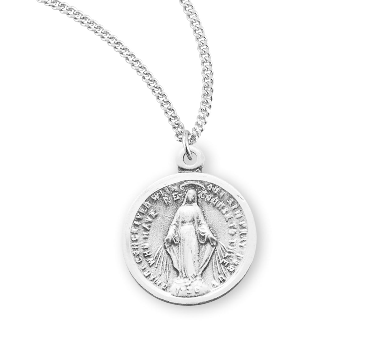 Sterling Silver Round Miraculous Medal Pendant with Chain