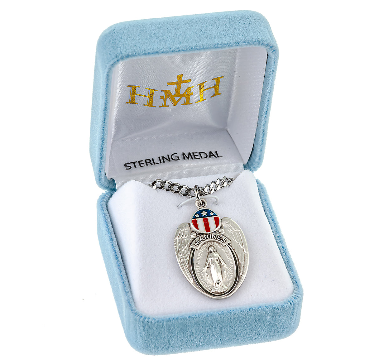 Marines Sterling Silver Enameled Miraculous Medal Pendant with Chain