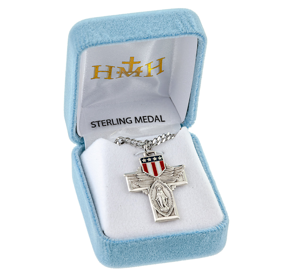 Military "Winged" Sterling Silver Miraculous Medal Pendant with Chain
