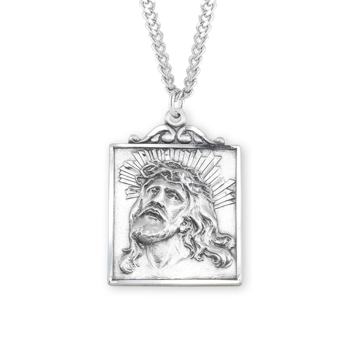 Sterling Silver Square "Crown of Thorns" Medal Pendant with Chain