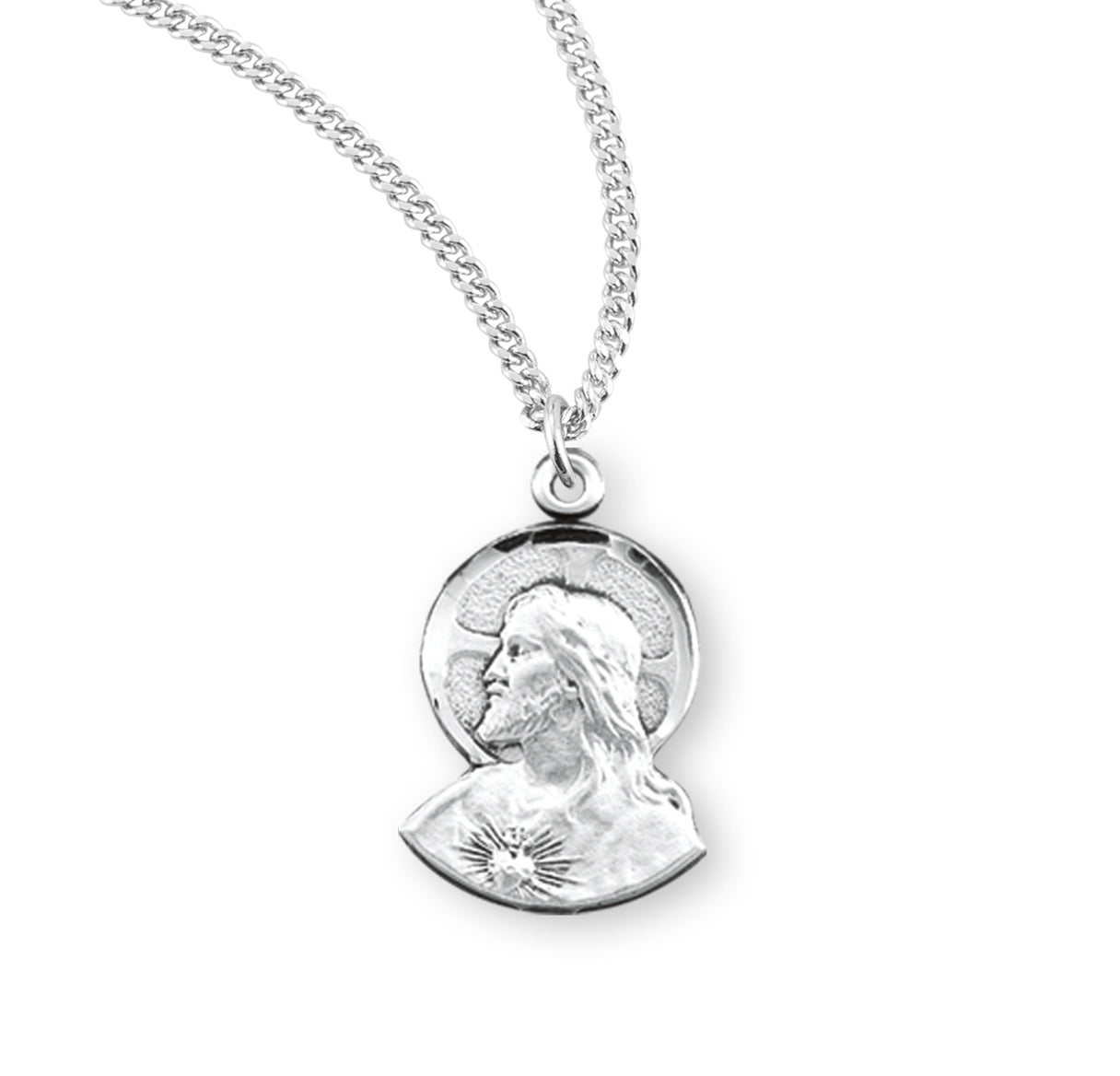 Scapular Sacred Heart of Jesus Profile Sterling Silver Double Sided Medal Pendant with Chain