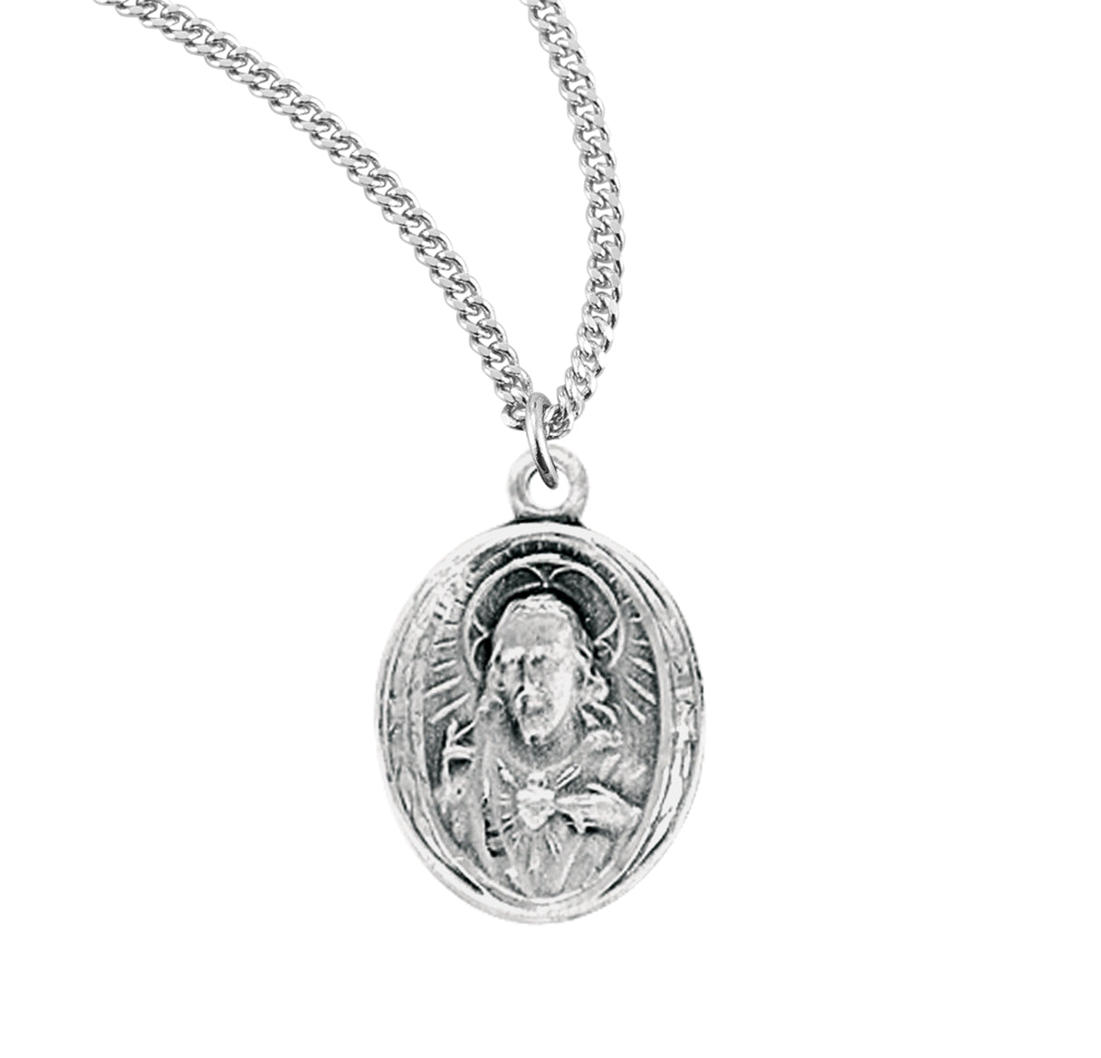 Sacred Heart of Jesus Sterling Silver Scapular Double Sided Medal Pendant with Chain