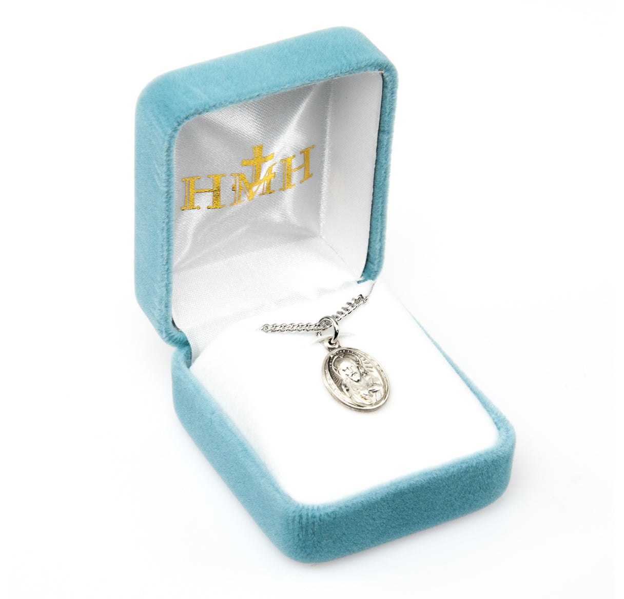 Sacred Heart of Jesus Sterling Silver Scapular Double Sided Medal Pendant with Chain