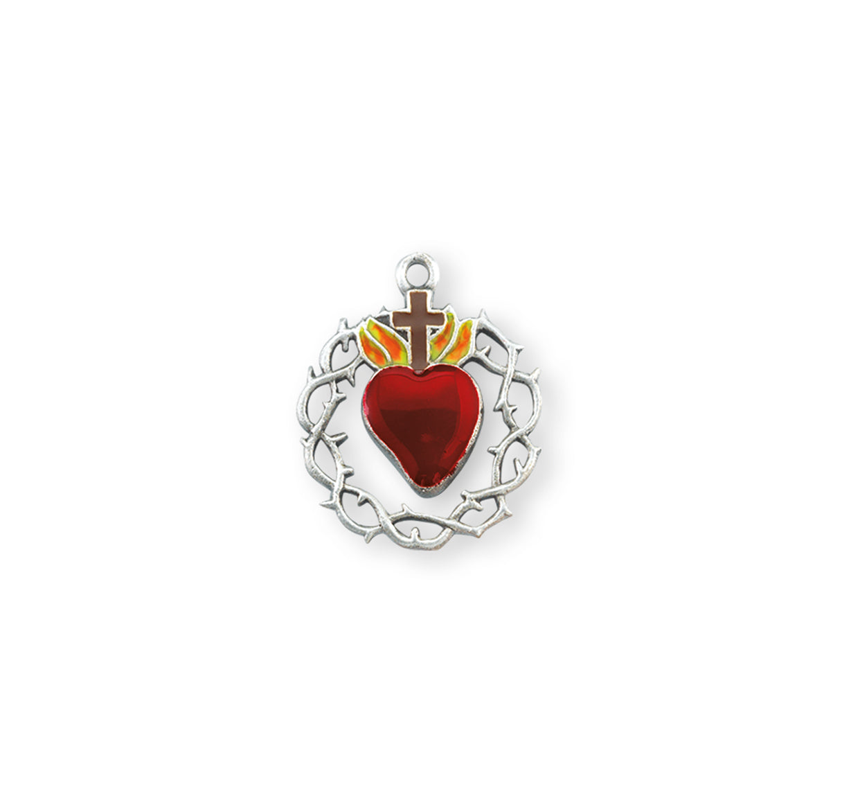 Sterling Silver Red Enameled Heart "Crown of Thorns" Medal Pendant with Chain