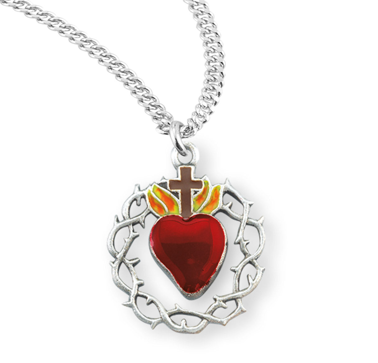 Sterling Silver Red Enameled Heart "Crown of Thorns" Medal Pendant with Chain
