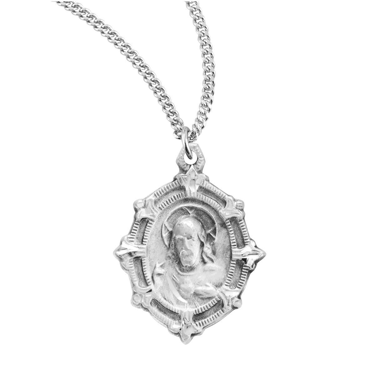 Sterling Silver Scapular Sacred Heart of Jesus Double Sided Medal Pendant with Chain