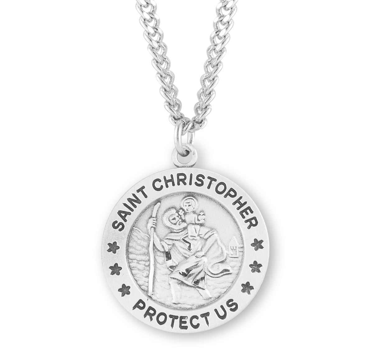 Saint Christopher Protect Us Round Sterling Silver Medal Pendant with Chain