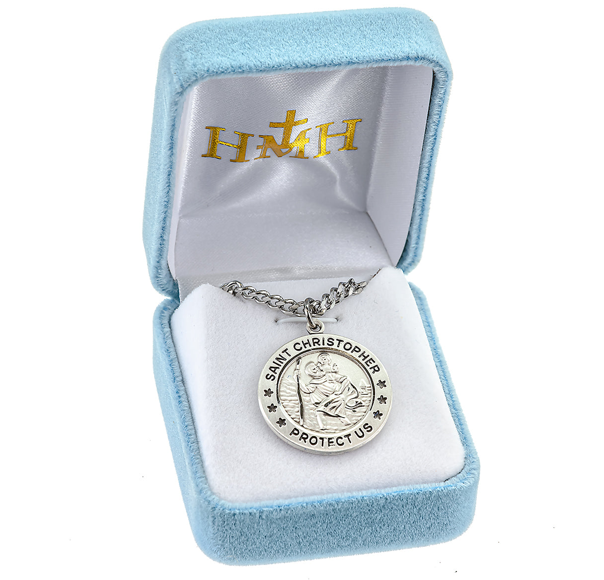 Saint Christopher Protect Us Round Sterling Silver Medal Pendant with Chain