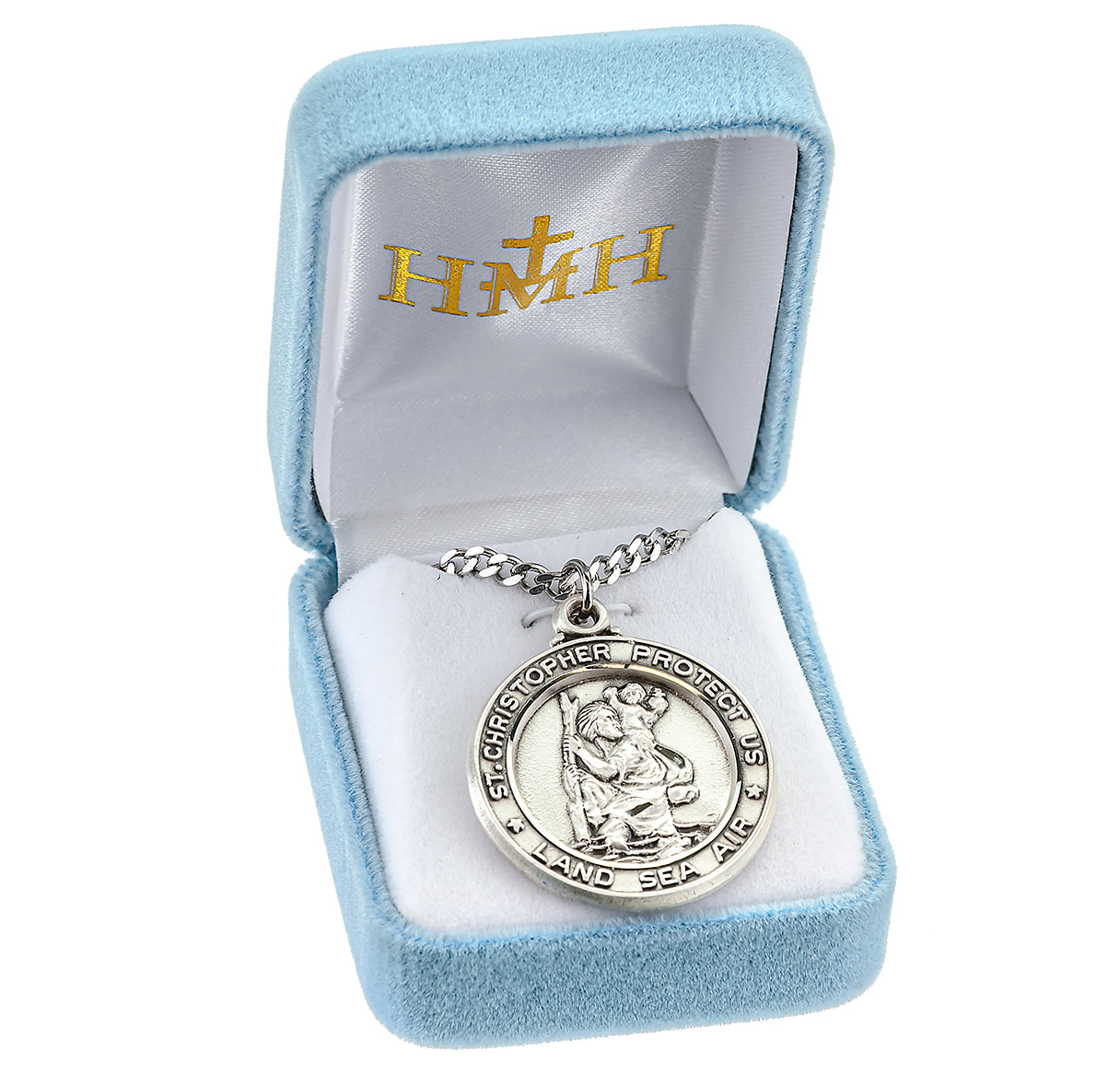 Saint Christopher Protect Us Round Sterling Silver Medal Pendant with Chain
